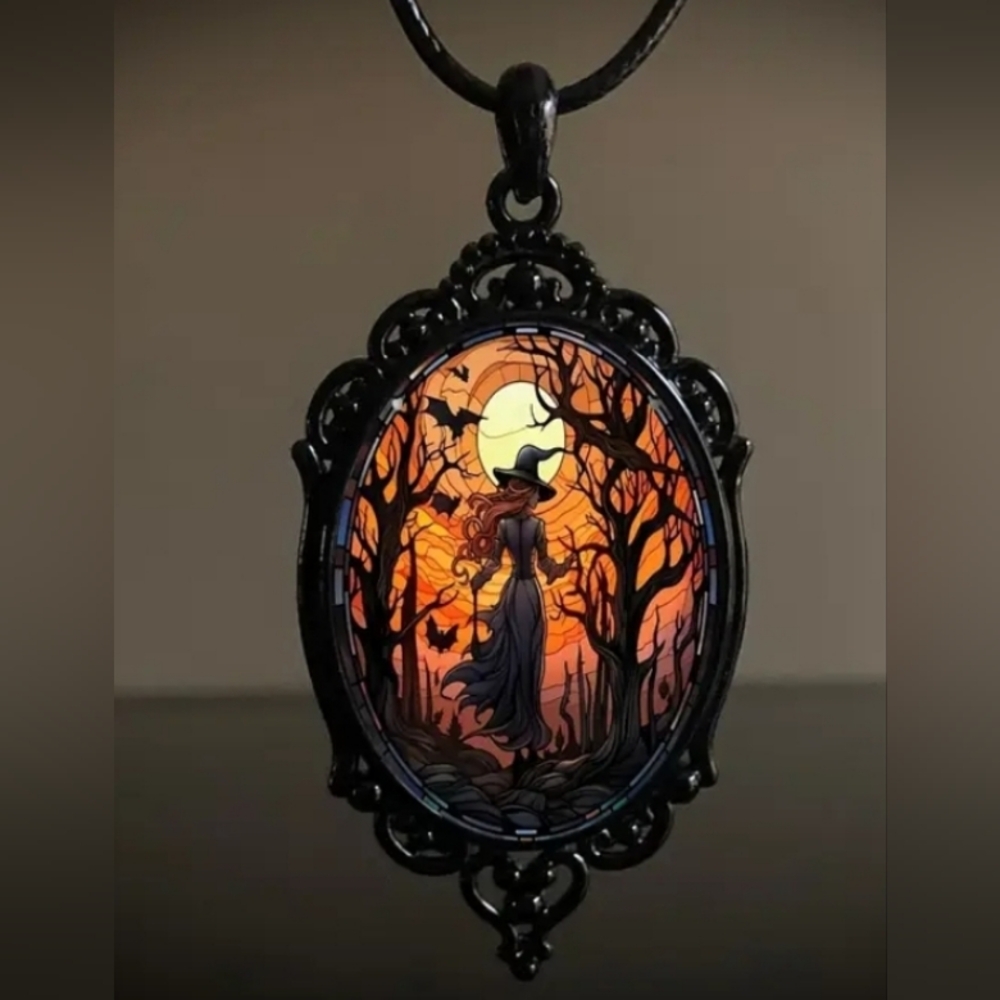 Vintage Gothic Halloween Pendant Bat Witch Pendant Necklace
